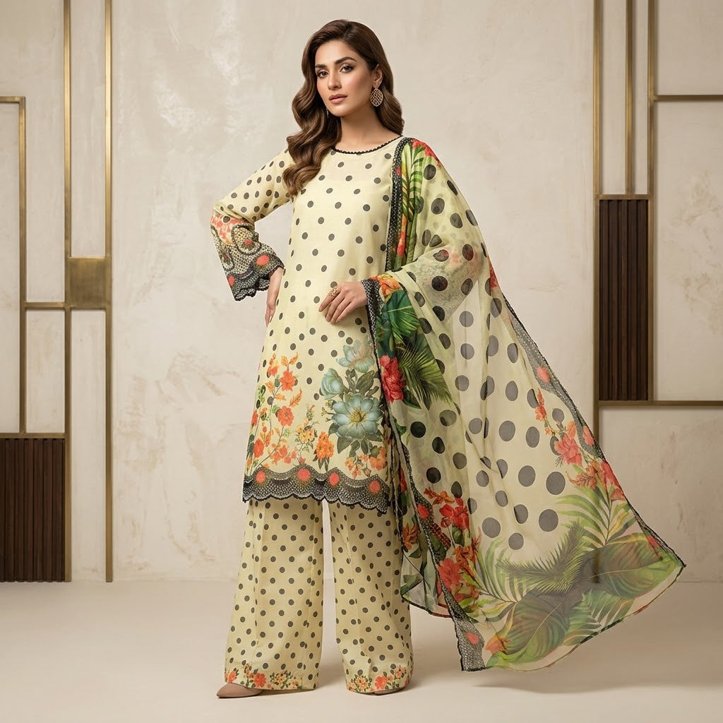 Elegant Chiffon Printed Shirt – Floral & Polka Dot Design 3-piece 6-colors