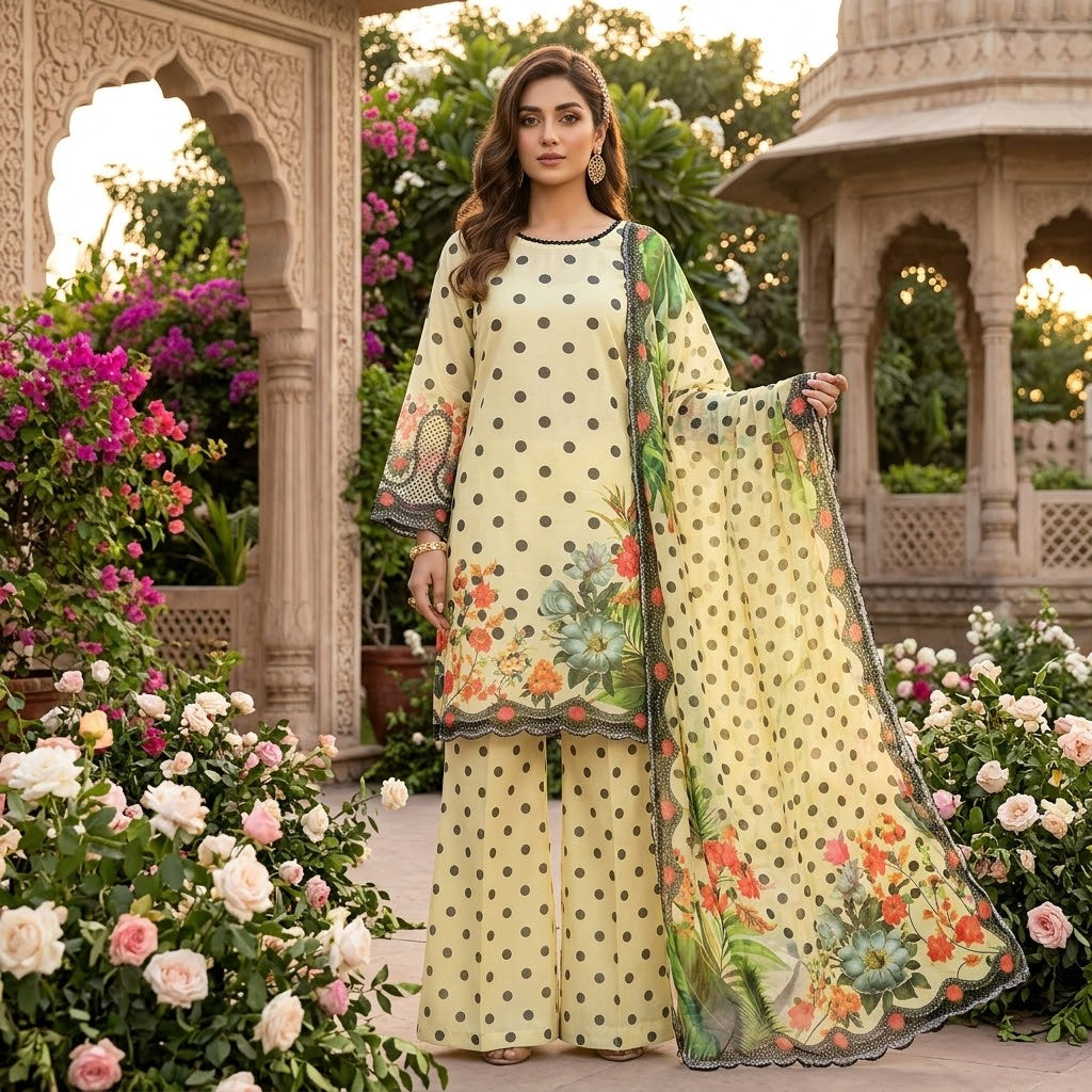 Elegant Chiffon Printed Shirt – Floral & Polka Dot Design 3-piece 6-colors