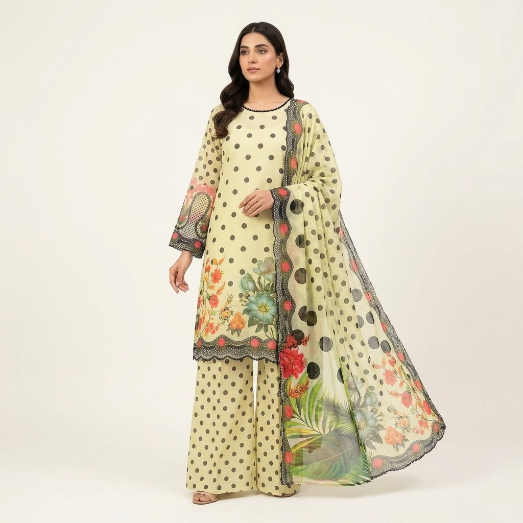Elegant Chiffon Printed Shirt – Floral & Polka Dot Design 3-piece 6-colors