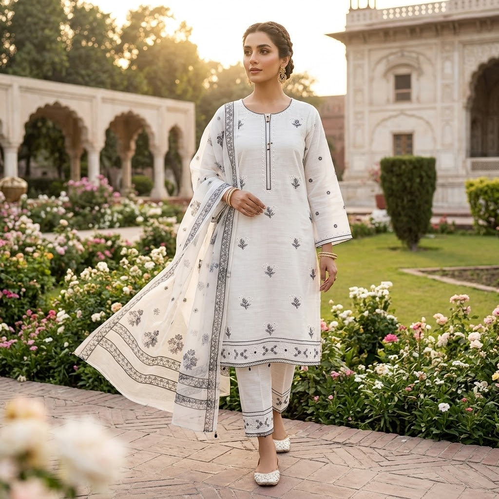 Elegant cotton Embroidered 3-Piece Suit – 6 Colors