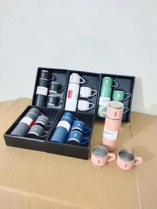Vacuum Flask Set Black Stainless Steel 12Hr Thermal Insulation